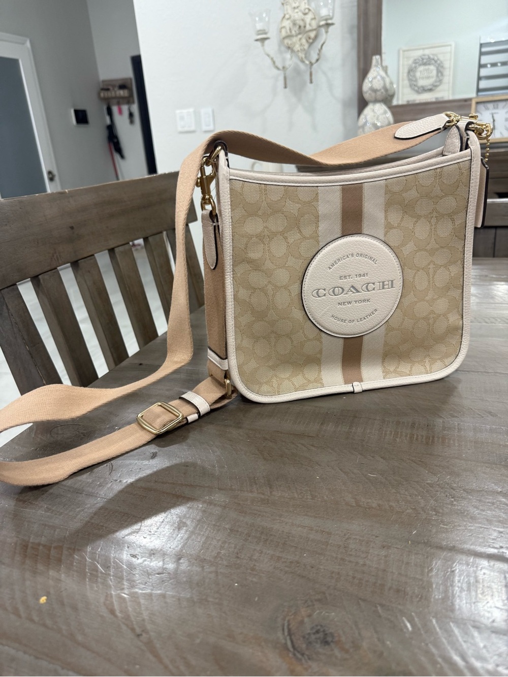 Coach Beige Signature Crossbody with White Trim and Center Stripe - Picture 9 of 9